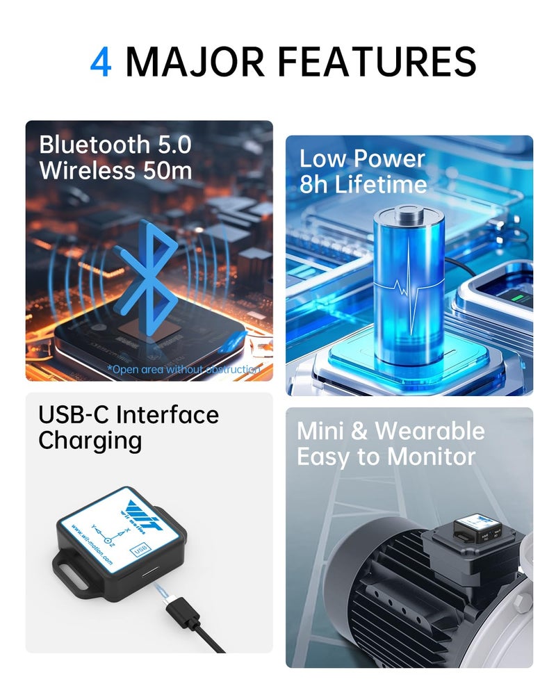 WITMOTION [مستشعر الاهتزاز BLE] وحدة الاهتزاز الذكية WTVB01-BT50 لأردوينو، كاشف اهتزاز ثلاثي المحاور (السعة + التردد + الإزاحة + السرعة)، مراقب صدمة المحرك اللاسلكي - Image 5